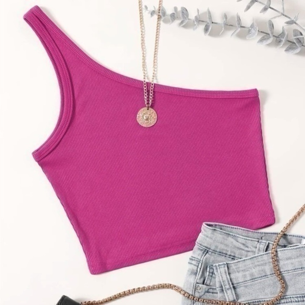 New Shein Hot Pink Barbie One Shoulder Rib Knit Crop Tank Top XS unique